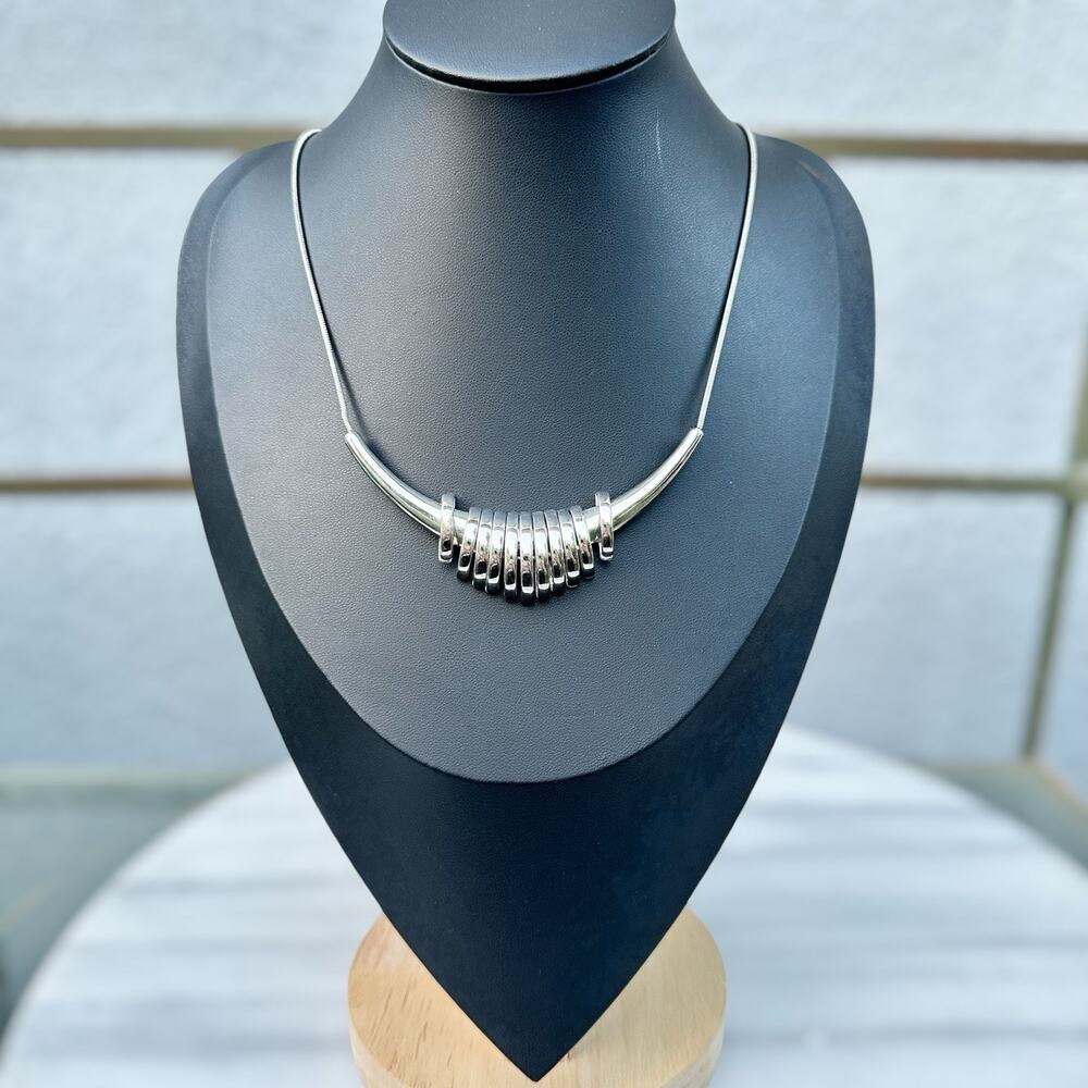 Silver Tone Modernist Necklace Sculptural Kinetic Architectural Signed BCBG